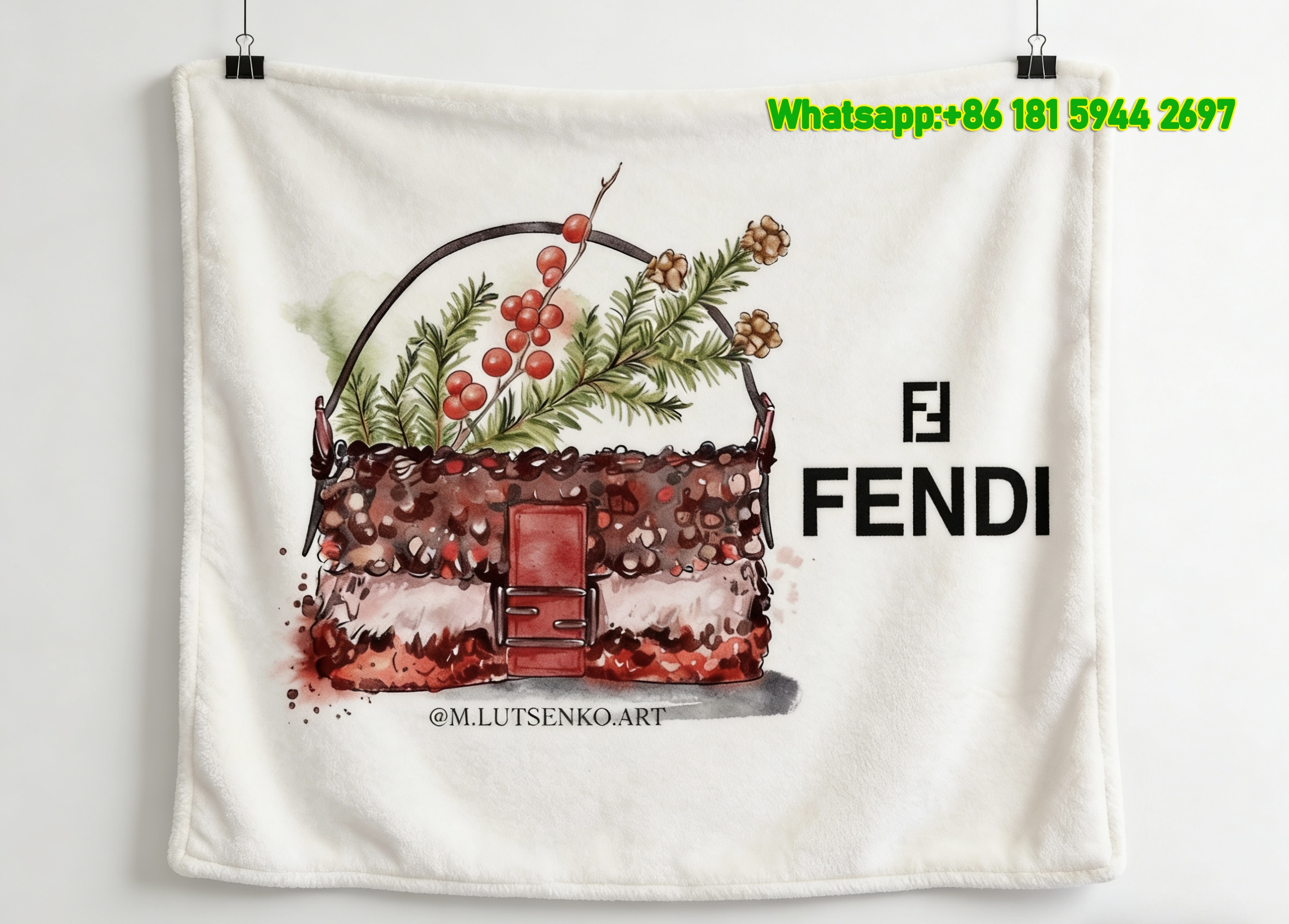 Fendi Christmas Red Sequin Bag Watercolor Flannel Throw Blanket IMG_9585